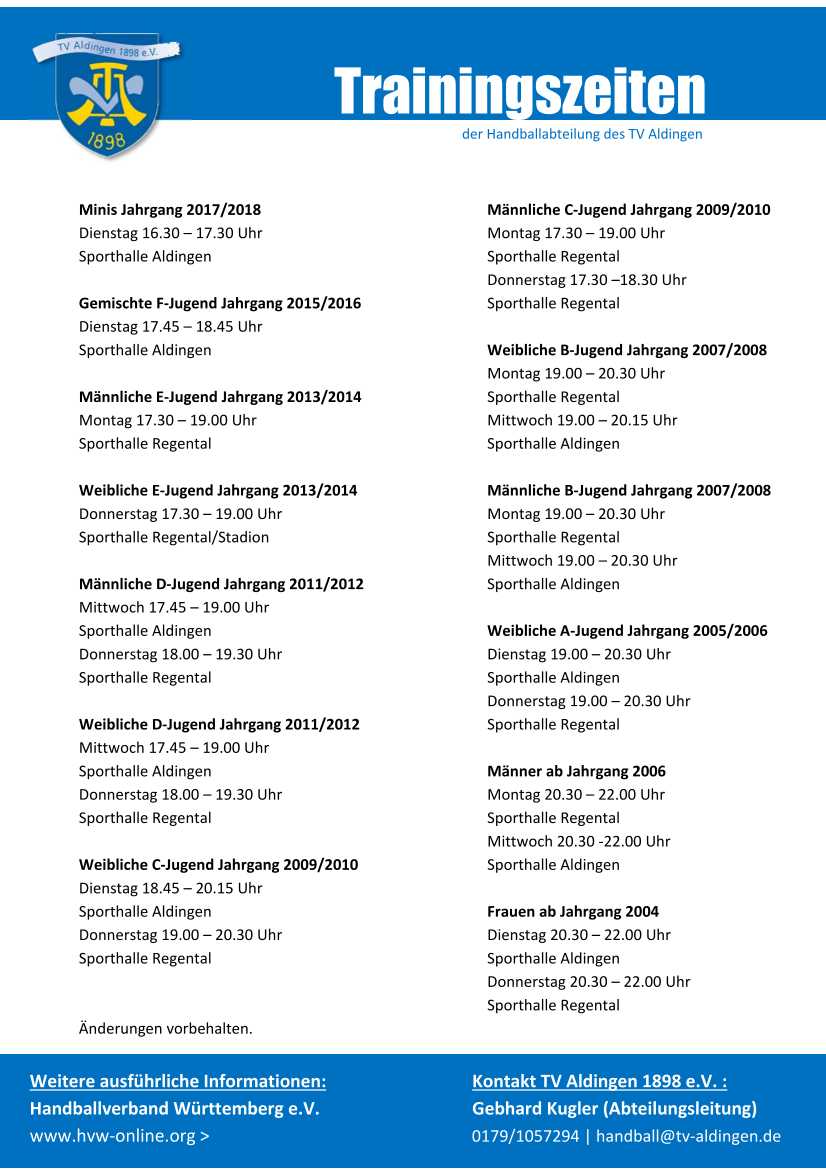 Trainingszeiten Stand 18.12.2023